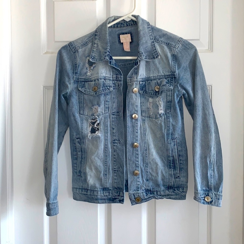 Denim jacket.  Distressed. Perfect condition. Forever 21